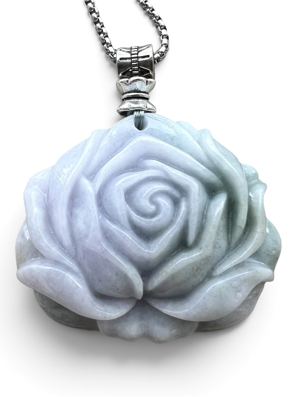 Hand Carved Grade A Lavender Green Yellow Jadeite Jade Rose Pendant Necklace